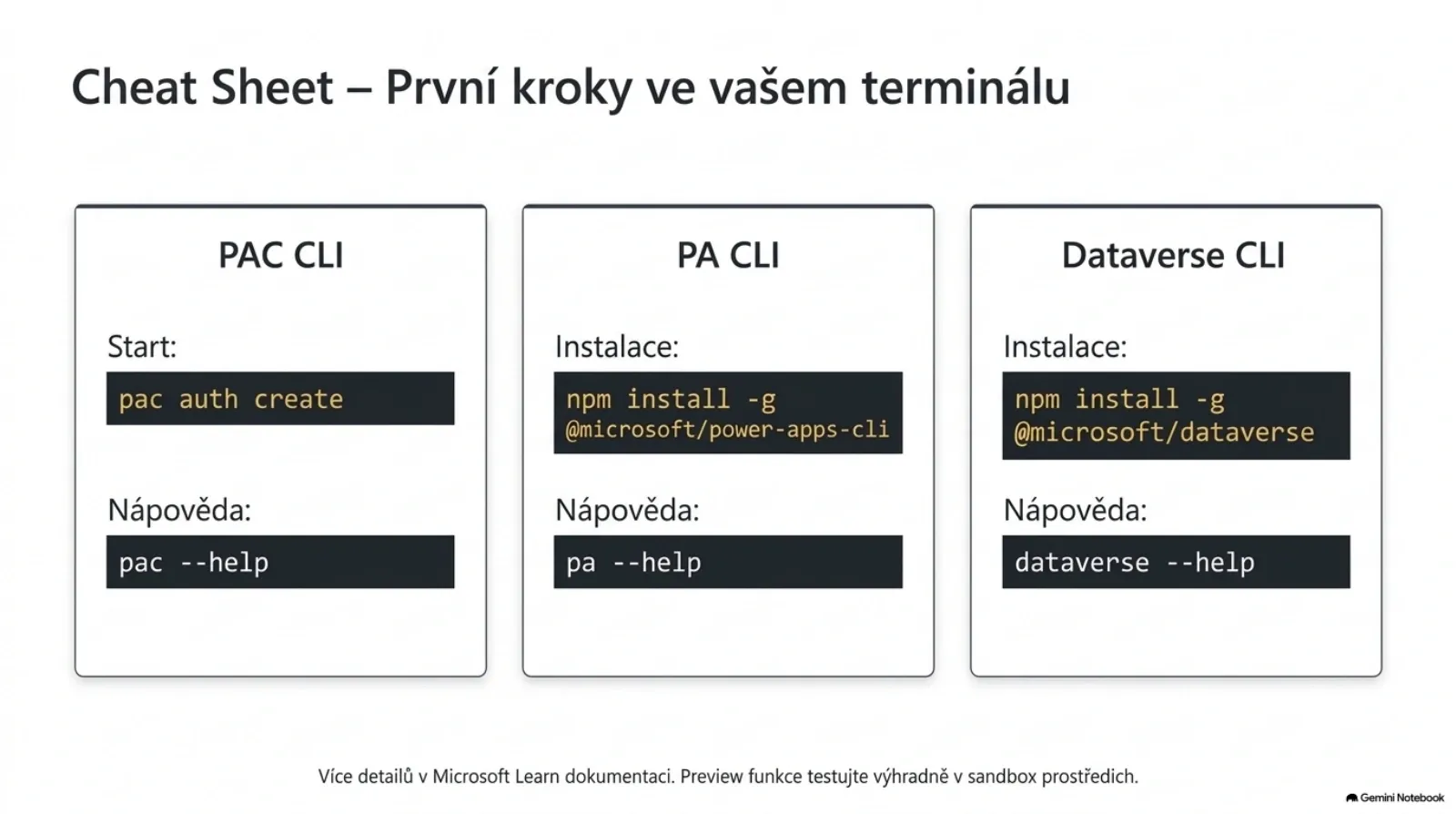 První kroky a nápověda pro PAC, PA a Dataverse CLI